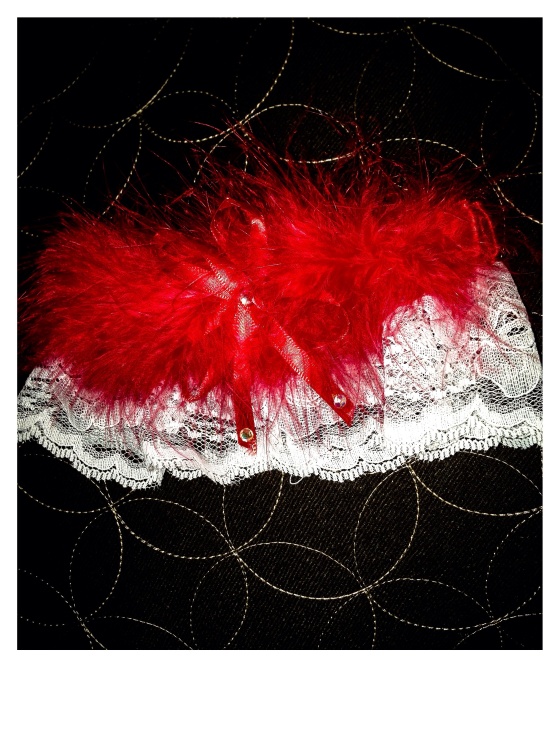 My wedding garter with red feathers and white lace